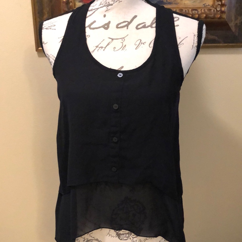 Divided sheer double layer faux button down detail front lightweight tank top